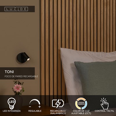 Lucide TONI - Foco de pared / Lámpara de pared Recargable - Batería/acumulador - Ø 8,1 cm - LED Regul. - CCT - 1x2W 2700K/4000K - Magnético - Negro
